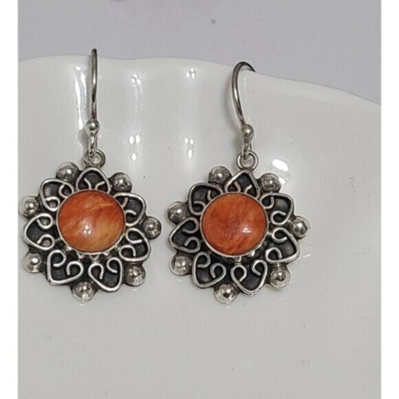 Vintage Sterling Silver Boho Moroccan Orange Sunstone Flower Drop Dangle Earring - Picture 5 of 8